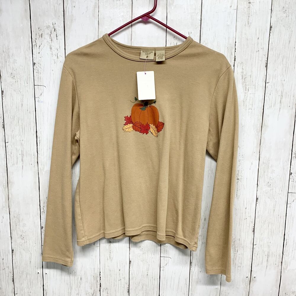 Mountain Lake Shirt Women Large Tan Embroidered Crewneck Long Sleeve Minimalist